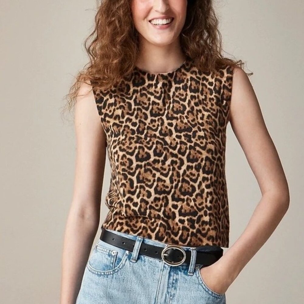 NWT J.Crew Featherweight Cashmere Leopard Print Sweater Shell Sleeveless Vest M